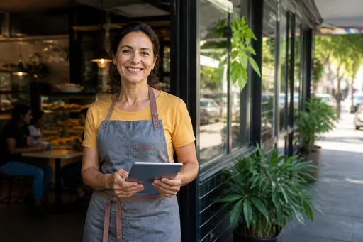 Dona de café sorrindo na porta da loja com um tablet na mão