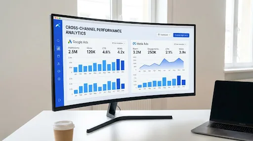 Painel de campanhas de anúncios com métricas de custo por clique